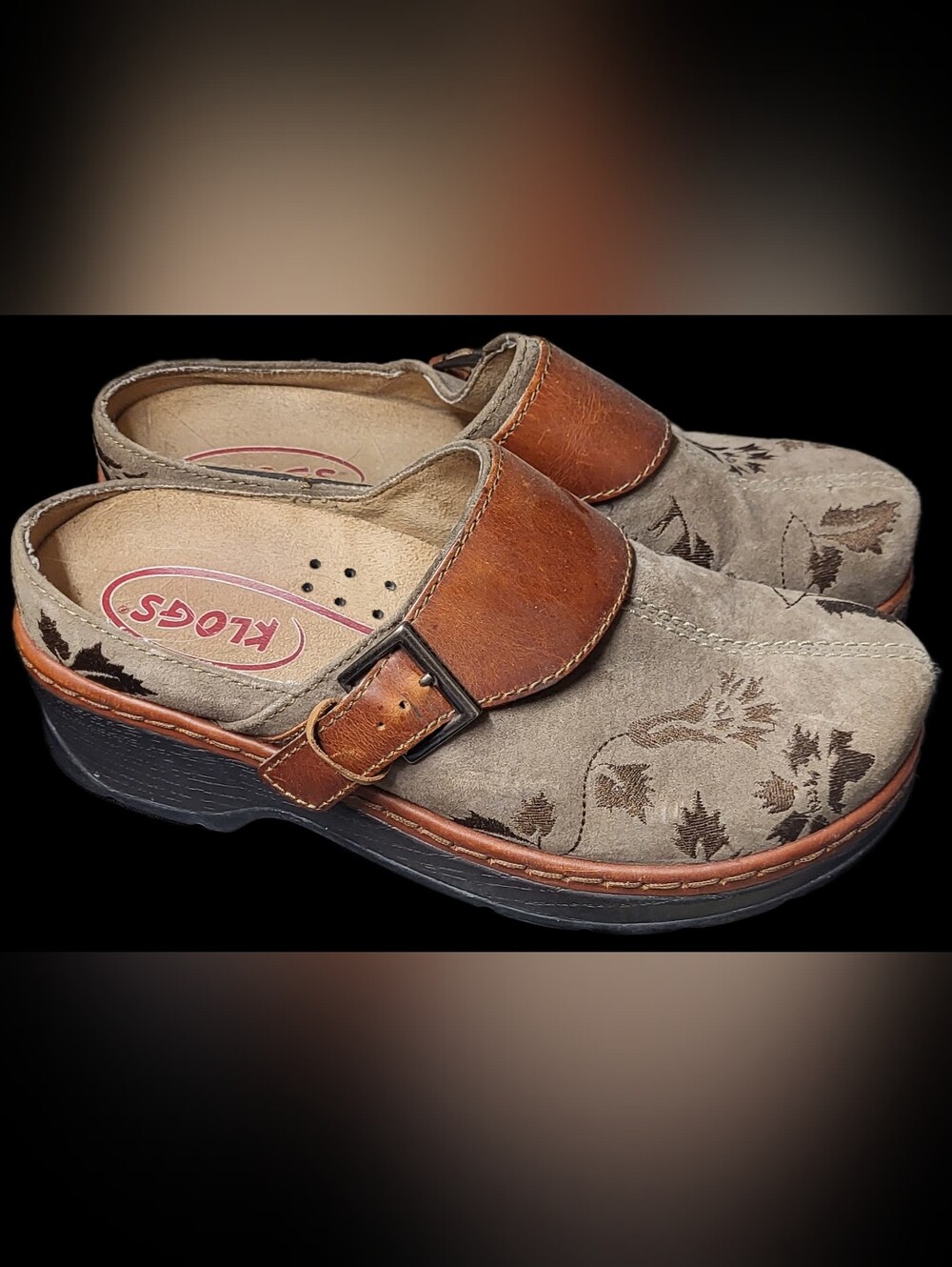 Klogs Taupe Suede Clogs with Brown Leather Strap